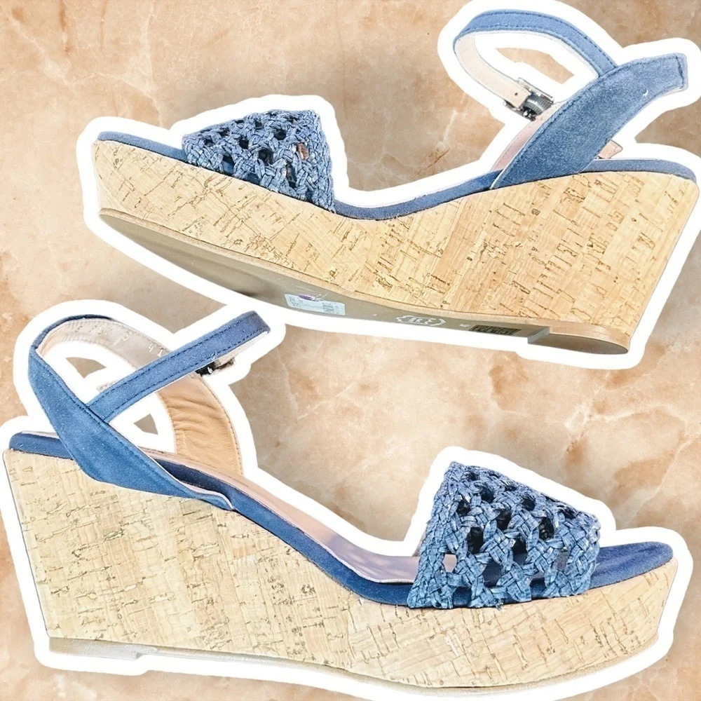 NWT Brenda Zaro Navy Blue Woven Leather ‘Nadia’ Cork Wedge Sandals Size 41